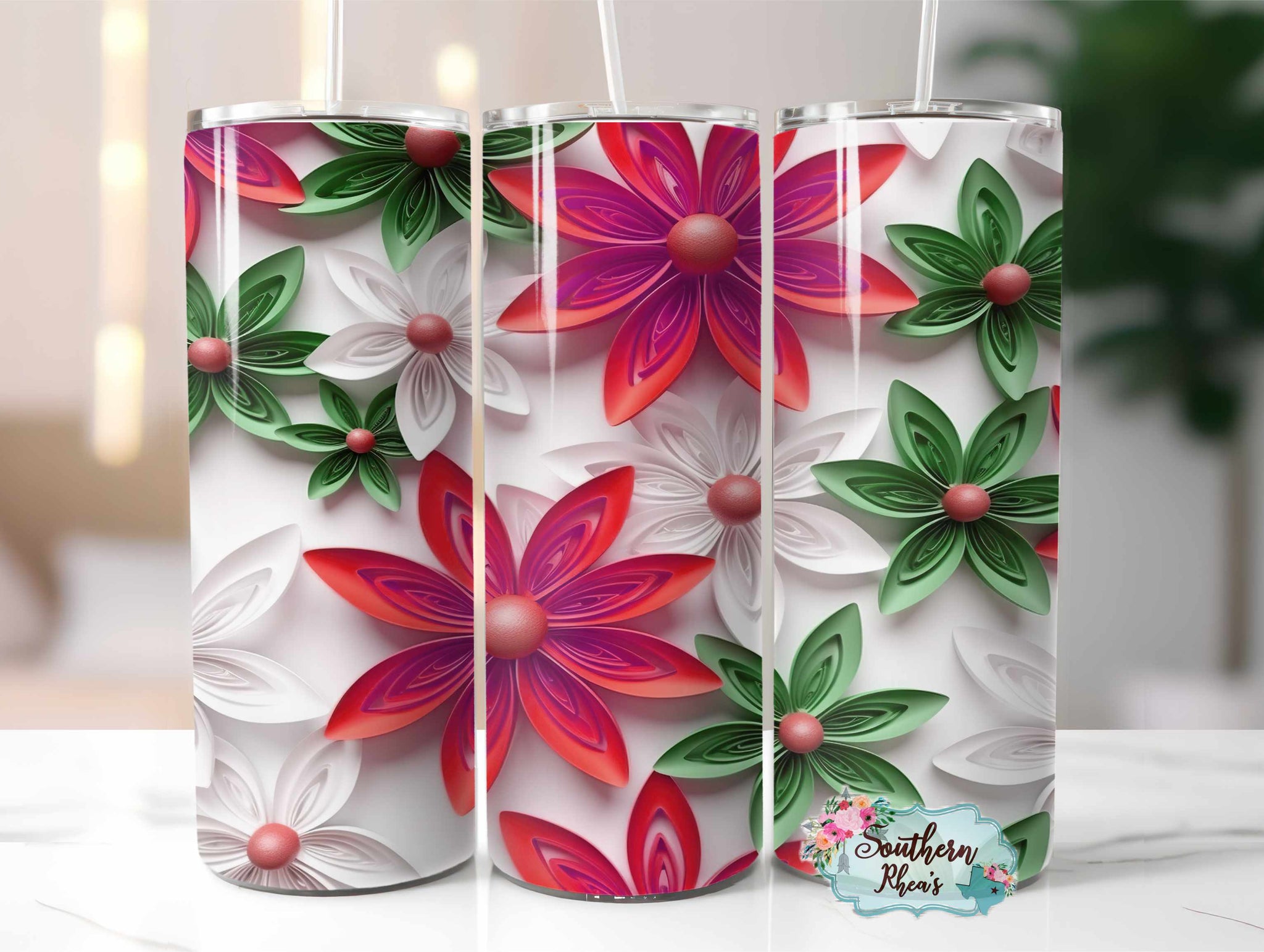 3D Pink Green White Flowers Sublimation Wrap