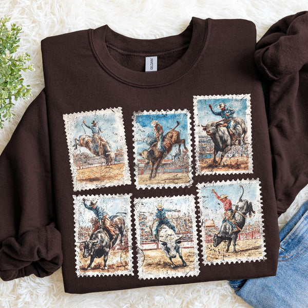 Bull Riding Sweatshirt, Rodeo Graphic Crewneck, Western Cowboy Stamp Style Shirt, Country Western Apparel