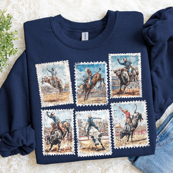 Bull Riding Sweatshirt, Rodeo Graphic Crewneck, Western Cowboy Stamp Style Shirt, Country Western Apparel