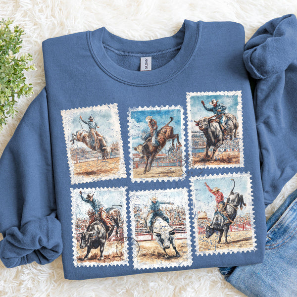 Bull Riding Sweatshirt, Rodeo Graphic Crewneck, Western Cowboy Stamp Style Shirt, Country Western Apparel