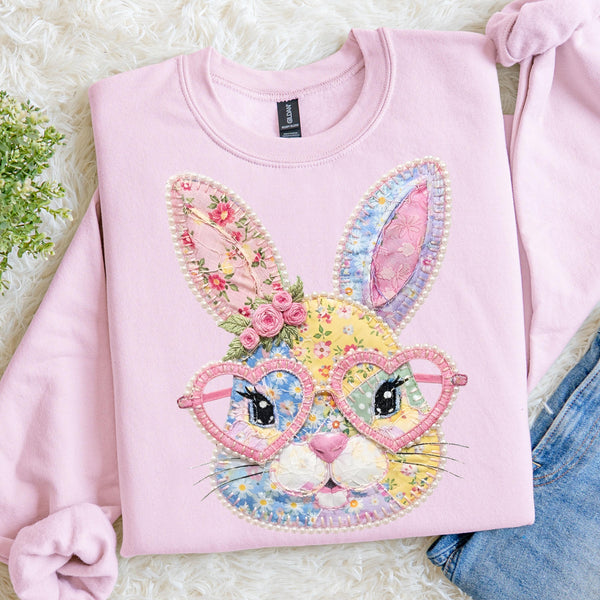 Faux Patchwork Easter Bunny Sweatshirt, Floral Heart Glasses