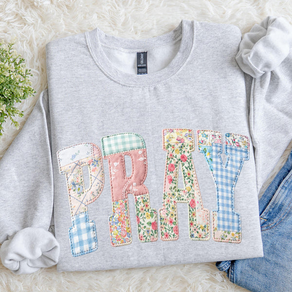 Faux PRAY Patchwork Sweatshirt, Christian Easter Crewneck, Quilted Faith Pullover, Floral Gingham Spring Sweater