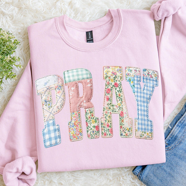 Faux PRAY Patchwork Sweatshirt, Christian Easter Crewneck, Quilted Faith Pullover, Floral Gingham Spring Sweater