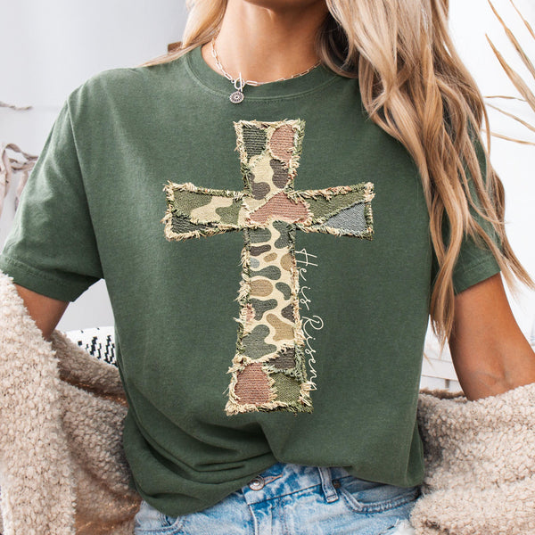 Faux Patchwork Camo Cross Graphic Comfort Colors Shirt, Christian Faith Tshirt