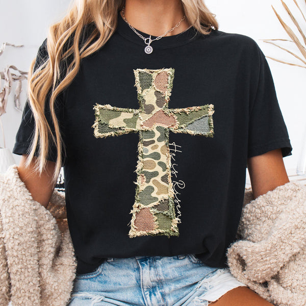 Faux Patchwork Camo Cross Graphic Comfort Colors Shirt, Christian Faith Tshirt