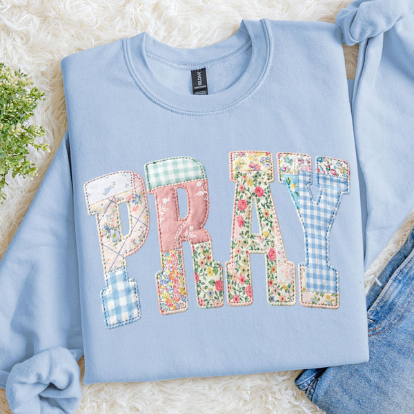 Faux PRAY Patchwork Sweatshirt, Christian Easter Crewneck, Quilted Faith Pullover, Floral Gingham Spring Sweater