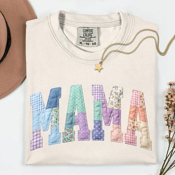 Mama Faux Patchwork Crewneck Shirt, Pastel Floral Gingham Spring Tee