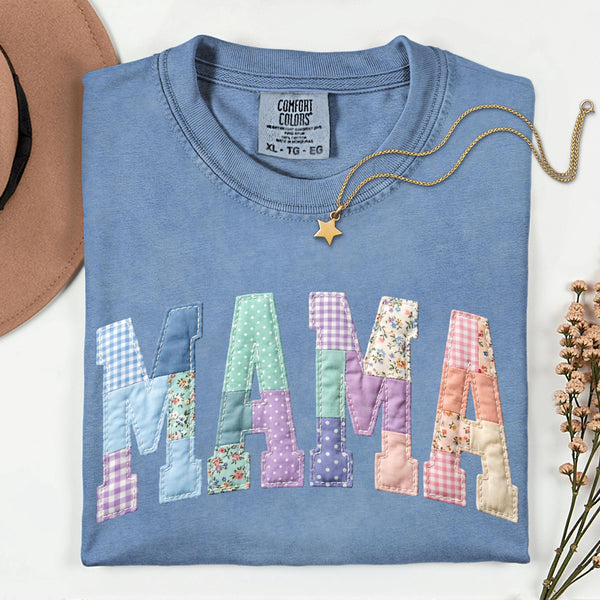 Mama Faux Patchwork Crewneck Shirt, Pastel Floral Gingham Spring Tee
