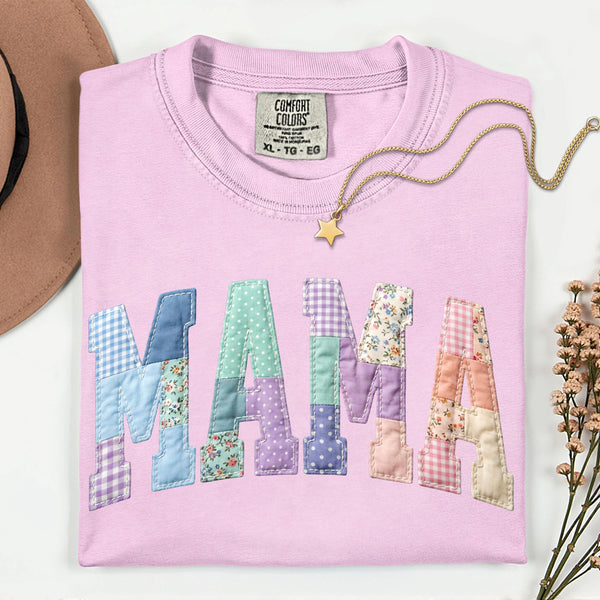 Mama Faux Patchwork Crewneck Shirt, Pastel Floral Gingham Spring Tee
