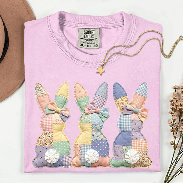 Faux Patchwork Easter Bunny Comfort Colors Tee, Pastel Spring Bunnies Shirt