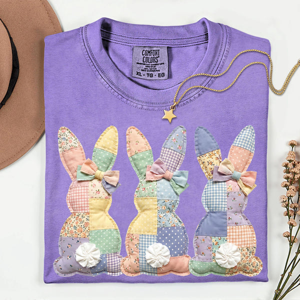 Faux Patchwork Easter Bunny Comfort Colors Tee, Pastel Spring Bunnies Shirt