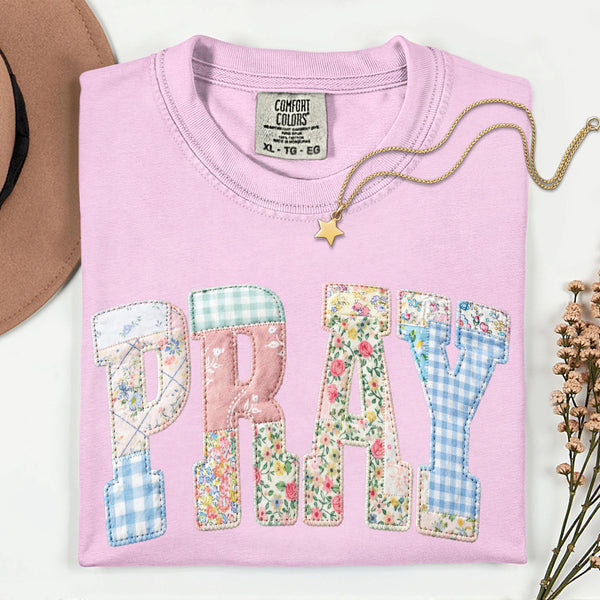 Faux Patch Pray Shirt, Floral Gingham Comfort Colors Tee, Pastel Faith Graphic