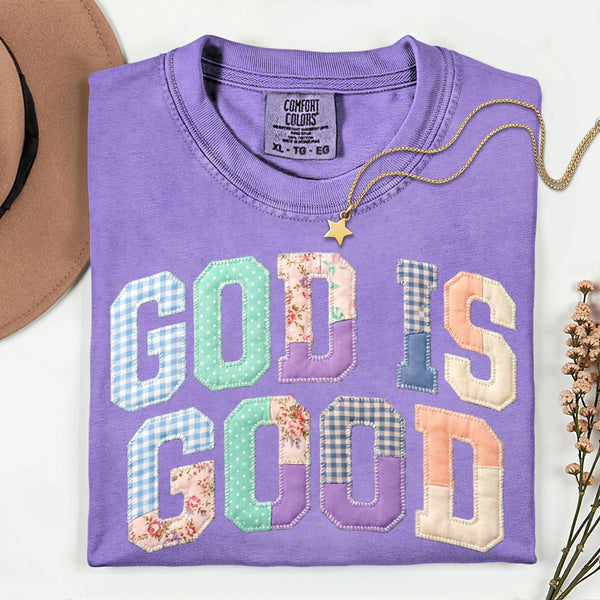 God Is Good Faux Patch Comfort Colors Tee, Pastel Floral Gingham Faith Shirt