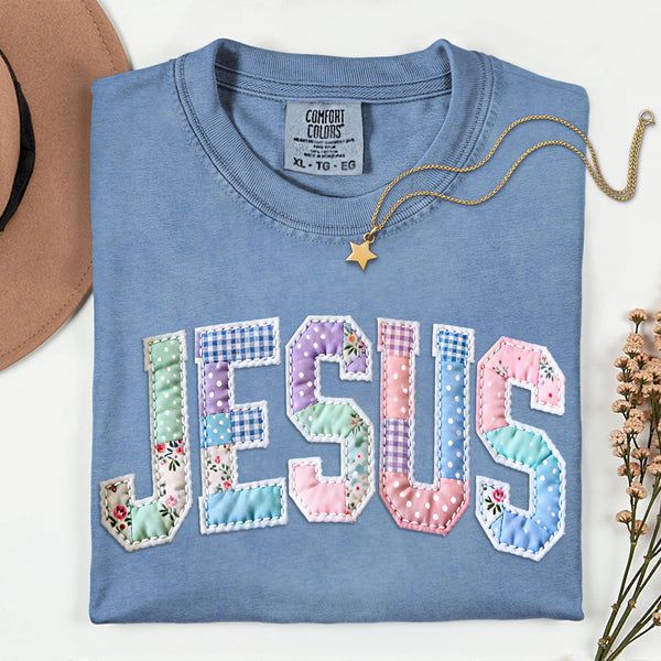 Jesus Faux Patch Shirt, Comfort Colors Pastel Floral Faith Tee