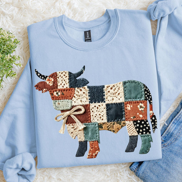 Western Cow Faux Patch Sweatshirt, Quilted Farmhouse Cow Graphic Pullover, Rustic Country Crewneck