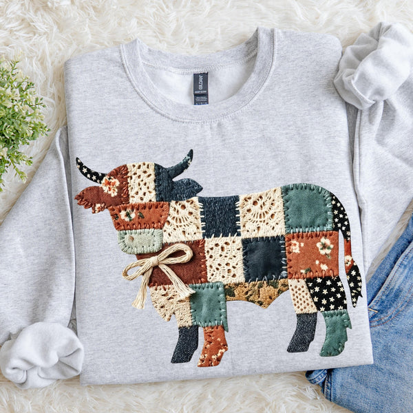Western Cow Faux Patch Sweatshirt, Quilted Farmhouse Cow Graphic Pullover, Rustic Country Crewneck