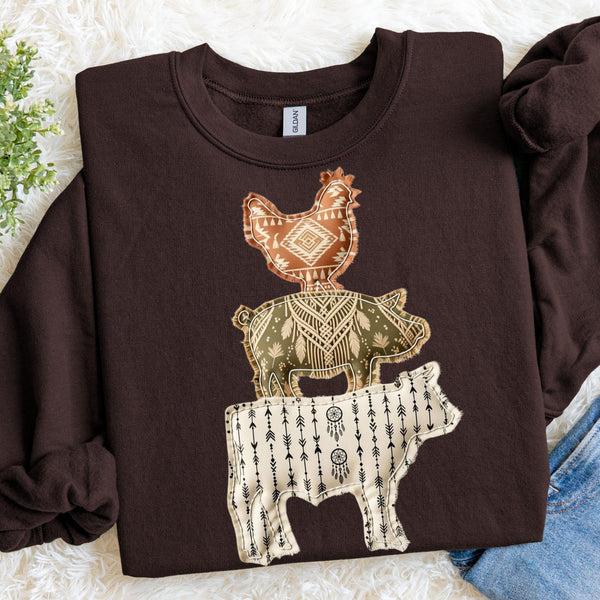 Faux Patch Farm Animal Stack Sweatshirt, Boho Western Farmhouse Crewneck Pullover