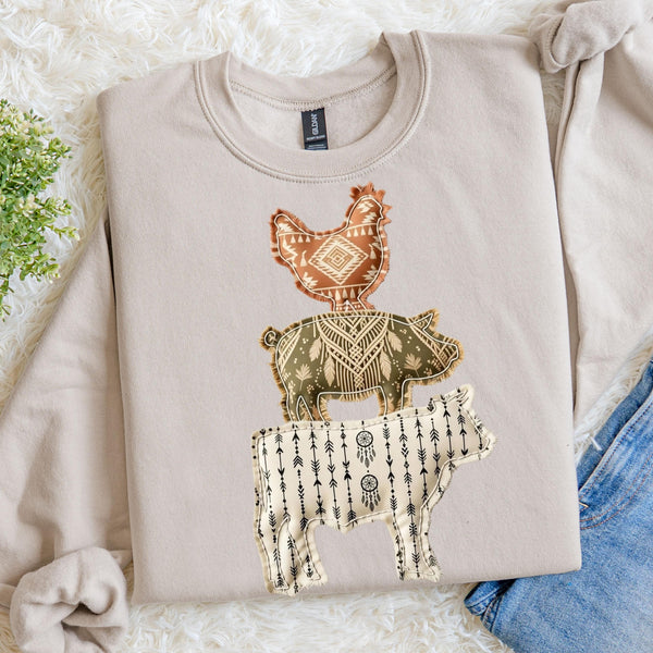 Faux Patch Farm Animal Stack Sweatshirt, Boho Western Farmhouse Crewneck Pullover