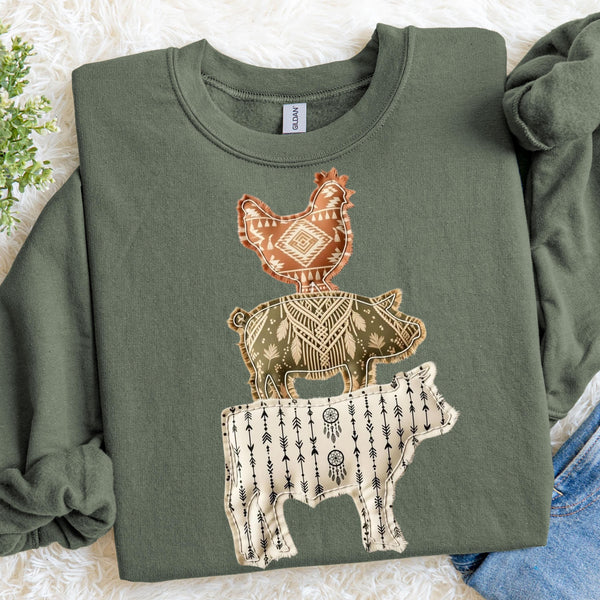Faux Patch Farm Animal Stack Sweatshirt, Boho Western Farmhouse Crewneck Pullover