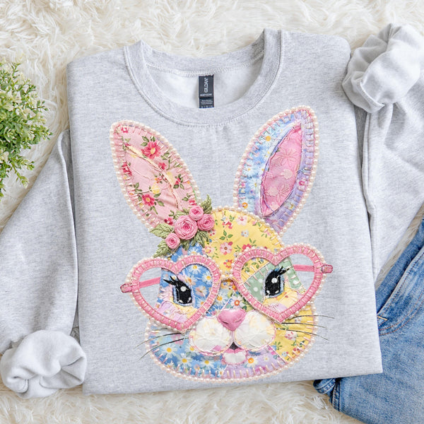 Faux Patchwork Easter Bunny Sweatshirt, Floral Heart Glasses
