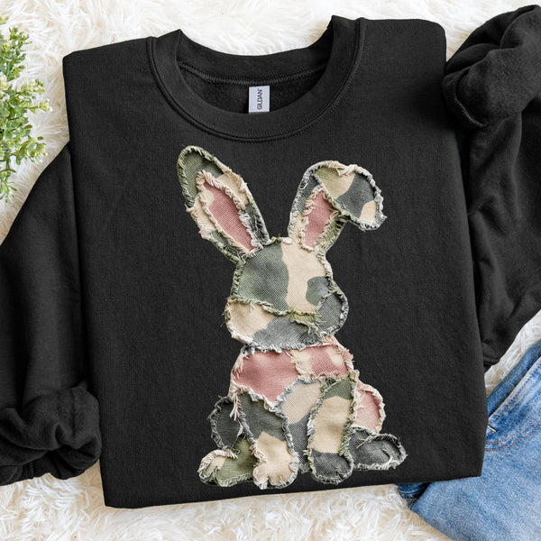 Faux Patchwork Camo Bunny Sweatshirt, Rustic Easter Crewneck, Spring Pullover