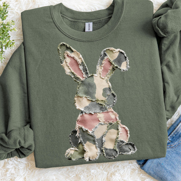 Faux Patchwork Camo Bunny Sweatshirt, Rustic Easter Crewneck, Spring Pullover