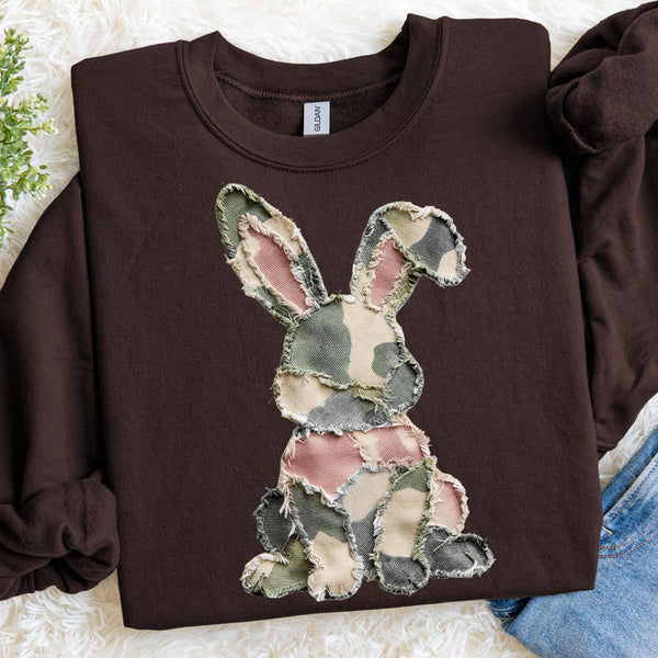 Faux Patchwork Camo Bunny Sweatshirt, Rustic Easter Crewneck, Spring Pullover