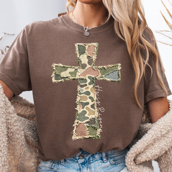 Faux Patchwork Camo Cross Graphic Comfort Colors Shirt, Christian Faith Tshirt