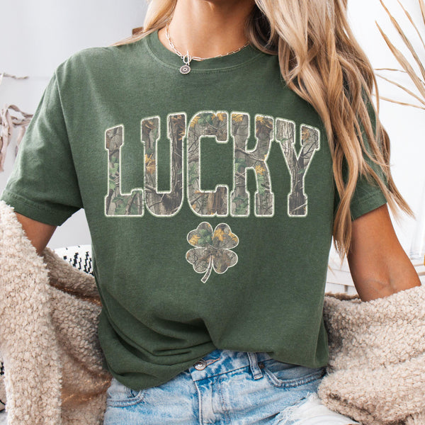 Lucky Camo Shamrock Comfort Colors Graphic Shirt, St. Patrick’s Day Camouflage Shamrock Tee