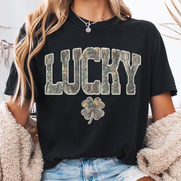 Lucky Camo Shamrock Comfort Colors Graphic Shirt, St. Patrick’s Day Camouflage Shamrock Tee