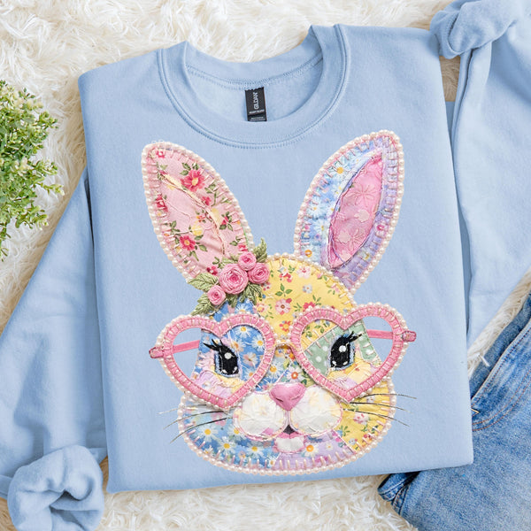 Faux Patchwork Easter Bunny Sweatshirt, Floral Heart Glasses