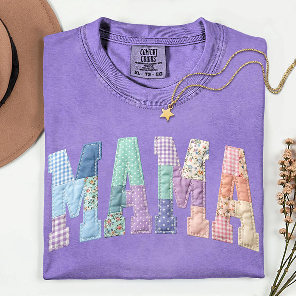 Mama Faux Patchwork Crewneck Shirt, Pastel Floral Gingham Spring Tee