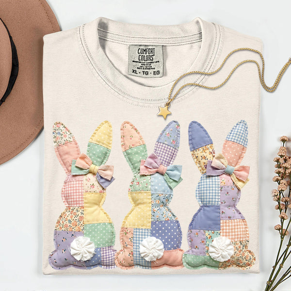 Faux Patchwork Easter Bunny Comfort Colors Tee, Pastel Spring Bunnies Shirt