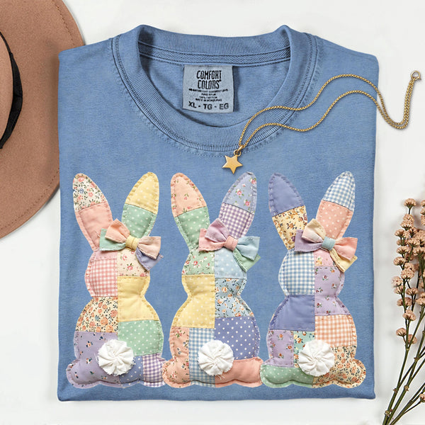Faux Patchwork Easter Bunny Comfort Colors Tee, Pastel Spring Bunnies Shirt