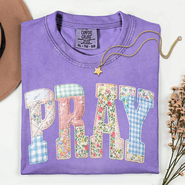 Faux Patch Pray Shirt, Floral Gingham Comfort Colors Tee, Pastel Faith Graphic