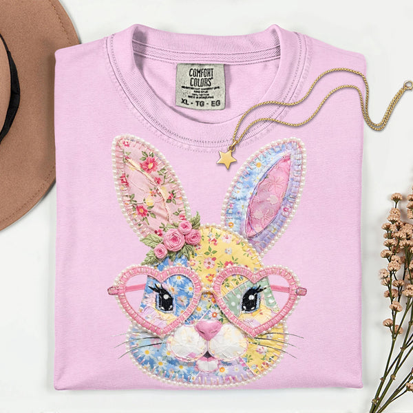 Faux Patch Easter Bunny Shirt, Comfort Colors Pastel Spring Graphic Tee