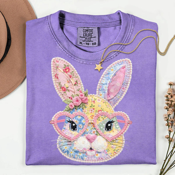 Faux Patch Easter Bunny Shirt, Comfort Colors Pastel Spring Graphic Tee