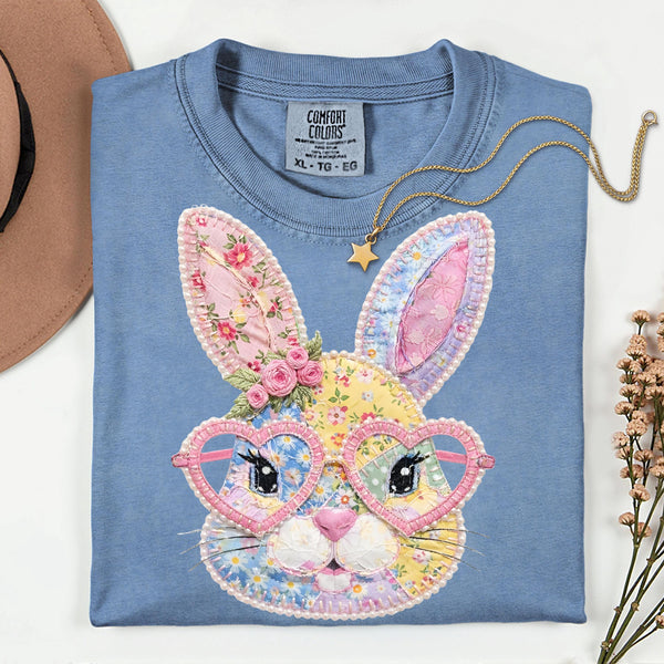 Faux Patch Easter Bunny Shirt, Comfort Colors Pastel Spring Graphic Tee
