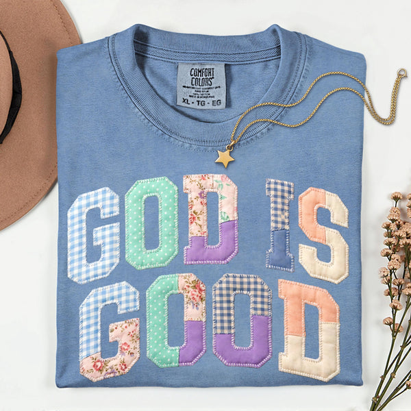 God Is Good Faux Patch Comfort Colors Tee, Pastel Floral Gingham Faith Shirt