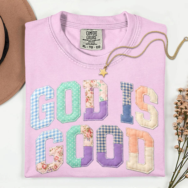 God Is Good Faux Patch Comfort Colors Tee, Pastel Floral Gingham Faith Shirt