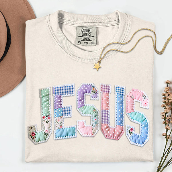 Jesus Faux Patch Shirt, Comfort Colors Pastel Floral Faith Tee