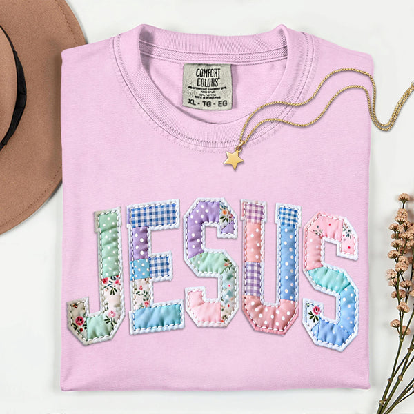 Jesus Faux Patch Shirt, Comfort Colors Pastel Floral Faith Tee