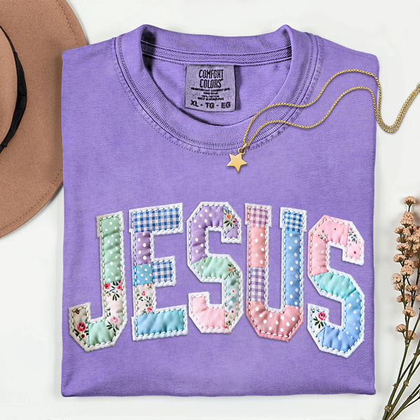 Jesus Faux Patch Shirt, Comfort Colors Pastel Floral Faith Tee