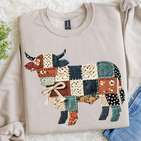 Western Cow Faux Patch Sweatshirt, Quilted Farmhouse Cow Graphic Pullover, Rustic Country Crewneck
