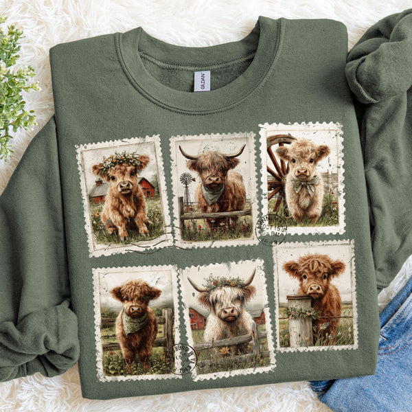 Highland Cow Sweatshirt, Vintage Farmhouse Postage Stamp Graphic Pullover, Rustic Western Ranch Crewneck, Cow Lover Gift