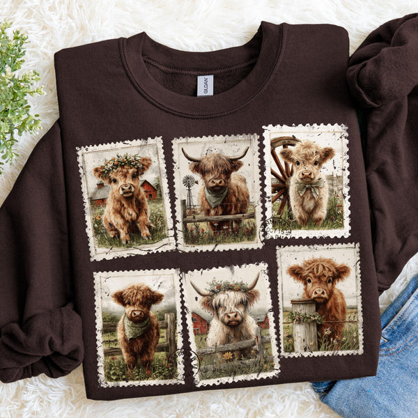 Highland Cow Sweatshirt, Vintage Farmhouse Postage Stamp Graphic Pullover, Rustic Western Ranch Crewneck, Cow Lover Gift