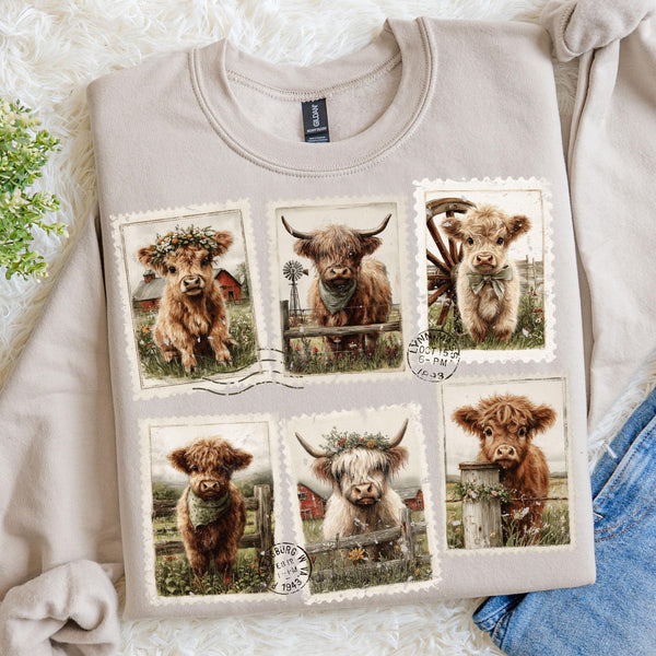 Highland Cow Sweatshirt, Vintage Farmhouse Postage Stamp Graphic Pullover, Rustic Western Ranch Crewneck, Cow Lover Gift