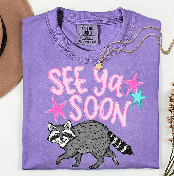 See Ya Soon Raccoon Graphic Tee, Retro Stars Lake Day Shirt