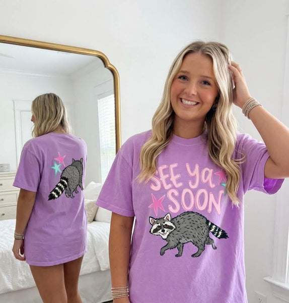 See Ya Soon Raccoon Graphic Tee, Retro Stars Lake Day Shirt