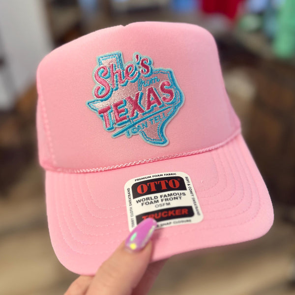 Pink Texas Trucker Hat, "She's From Texas" Patch, Country Concert Style